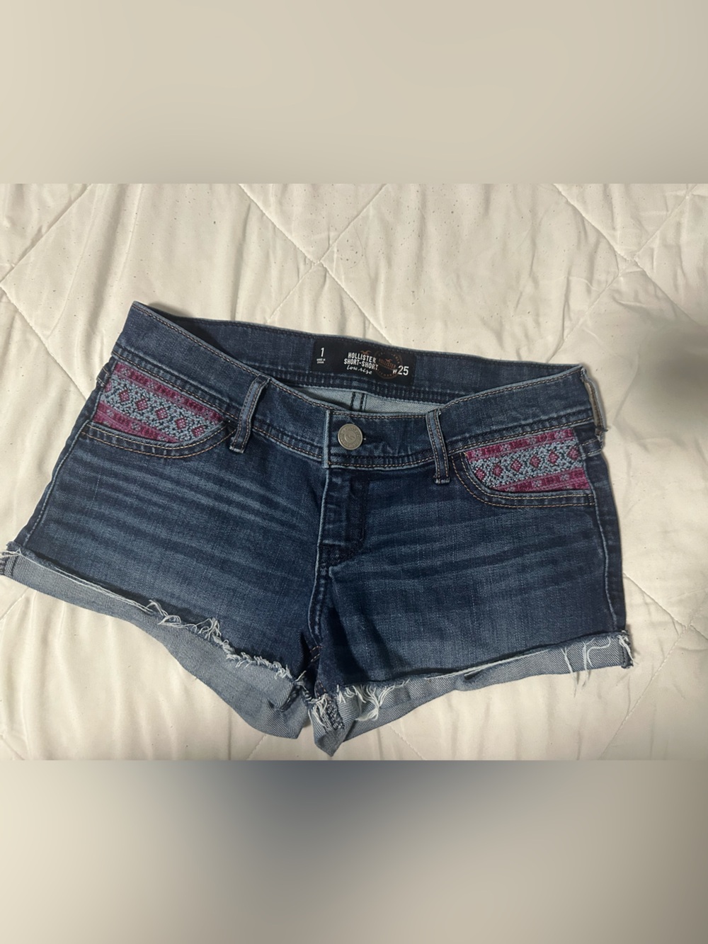 Hollister Dark Blue Denim Shorts with Pink & Purple Embroidered Pockets